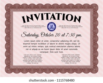 Red Retro invitation. Money style design. Vector illustration. With guilloche pattern and background. 