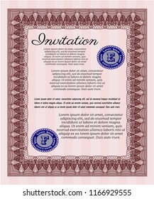 Red Retro invitation. Nice design. Detailed. With guilloche pattern. 