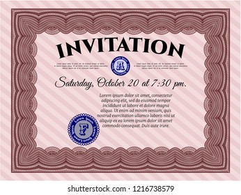 Red Retro invitation template. Customizable, Easy to edit and change colors. With guilloche pattern and background. Cordial design. 