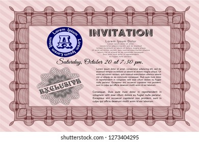 Red Retro invitation template. Customizable, Easy to edit and change colors. With guilloche pattern and background. Excellent design. 