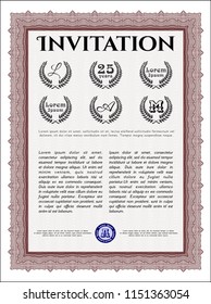 Red Retro invitation template. Detailed. With great quality guilloche pattern. Modern design. 