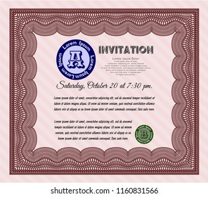 Red Retro invitation template. Good design. Detailed. With great quality guilloche pattern. 