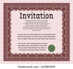 Red Retro invitation template. With great quality guilloche pattern. Money style design. Vector illustration. 
