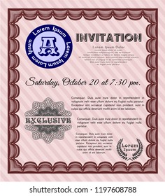 Red Retro invitation template. With linear background. Money Pattern. Vector illustration. 