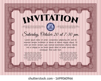 Red Retro invitation template. With linear background. Detailed. Lovely design. 