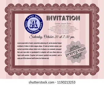 Red Retro invitation template. Printer friendly. Detailed. Money style design. 