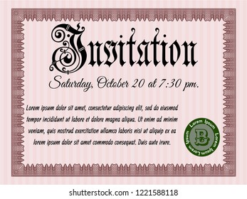 Red Retro invitation. Vector illustration. With guilloche pattern and background. Money style design. 