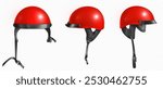 Red retro motorcycle and scooter helmet for head safety. Realistic 3d vector illustration set of side and front view on biker protection helm. Simple classic open face motorcyclist headwear mockup.