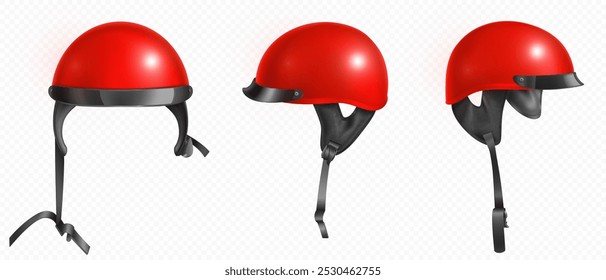 Red retro motorcycle and scooter helmet for head safety. Realistic 3d vector illustration set of side and front view on biker protection helm. Simple classic open face motorcyclist headwear mockup.