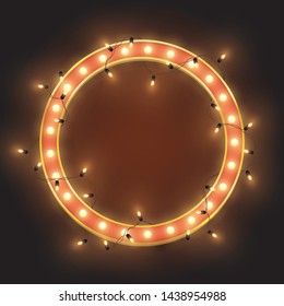 Marco de círculo rojo retro neón, luces brillantes lideradas garland, ilustración vectorial