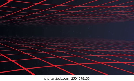 Red retro neon grid tunnel background. Futuristic grid landscape. Bright retro grid in 80s style. Vector illustration.