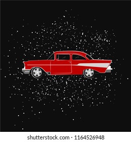 Red retro old car on black background with stars or snow. Vector illustration. Vintage burgundy car.