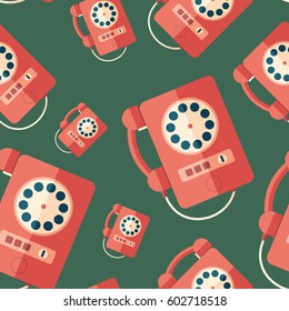 Red retro payphone flat icon seamless pattern.