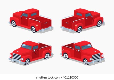 Red retro pickup. 3D lowpoly isometric vector illustration. The set of objects isolated against the white background and shown from different sides