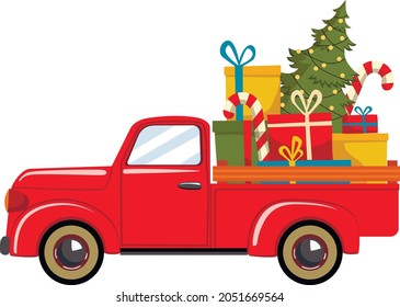 Red retro pickup with a Christmas tree and gifts. Vector illustration.