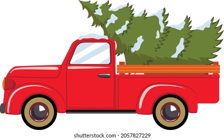 Red retro pickup with a Christmas tree. Vector illustration.