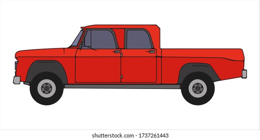 Red retro pickup. Side view, cartoon style.