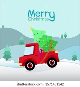 Red retro pickup truck with Christmas tree ,Merry Christmas  postcard or Poster or Flyer template . Vintage styled vector 