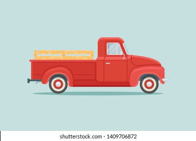 Red retro pickup truck isolated on teal background. Flat style vector illustration.