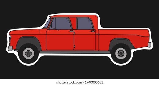 Red retro pickup truck. Vector illustration. Side view, cartoon style.