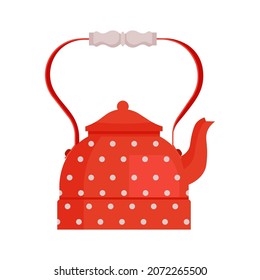 Red retro polka dot teapot. Vector illustration in flat style, isolated on white background