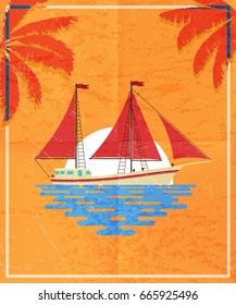 Red retro postcard with a sailboat in the sea, on a sunset/sunrise background. Vector illustration.