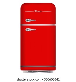 Red retro refrigerator. Home appliances. Isolated on white background. Vector Image.