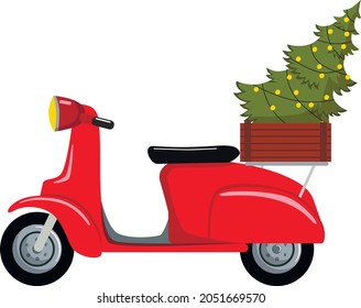 Red retro scooter with a Christmas tree. Vector illustration.