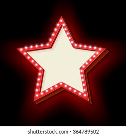 Red Retro Star Frame. The Symbol Vintage Volume With Stars Glowing Lights. Starry Frame With Neon Lights. Frame Hollywood Star. Blank White Space For Your Text Ads Business. Vector Illustration