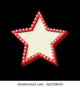 Red retro star frame. The symbol vintage volume with stars glowing lights. Starry frame with neon lights. Frame Hollywood star. Blank white space for your text ads business. Vector illustration
