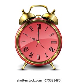 Red retro style alarm clock isolated on white background. Vector illustration.