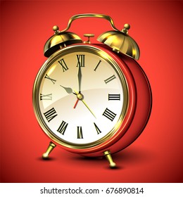 Red retro style alarm clock on red background. Vector illustration.