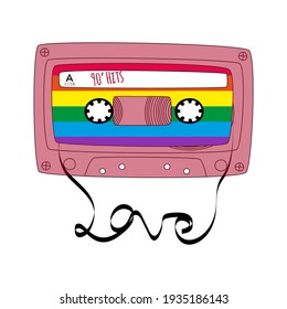 Red retro tape cassette. Vintage audio mixtape in doodle style isolated on a white background. Vector colored illustration for web banners, advertisements, stickers, labels, t-shirt