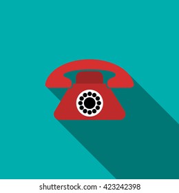 Red retro telephone icon, flat style
