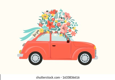 Red retro toy car delivering bouquet of flowers box on pink background. February 14 card, Valentine's day. Flower delivery. 8 March, International Happy Women's Day. Vector illustration.
