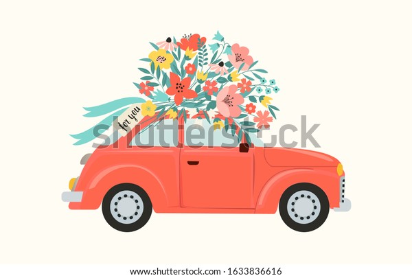Red\
retro toy car delivering bouquet of flowers box on pink background.\
February 14 card, Valentine\'s day. Flower delivery. 8 March,\
International Happy Women\'s Day. Vector\
illustration.