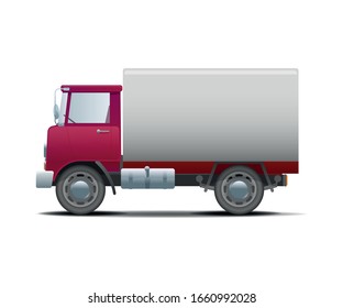 Red retro truck cargo van side view.  Isolated object on a white background.