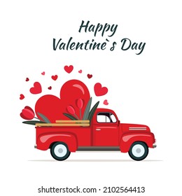 Red retro truck. Valentines Day Truck. Vintage pickup delivers hearts and tulips. Vector template for Valentine’s Day greeting card, banner, poster, flyer, etc.