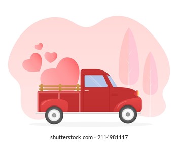 Red retro truck. Valentines Day Truck. Vintage pickup with hearts. Vector illustrate for Valentine’s Day greeting card, banner, flyer poster.