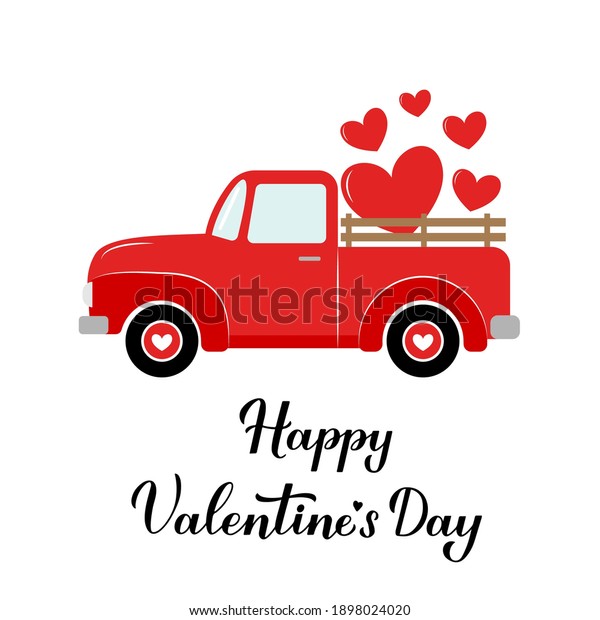 Red retro truck. Valentines Day Truck.\
Vintage pickup delivers hearts. Vector  template for Valentine’s\
Day greeting card, banner, poster, flyer,\
etc.