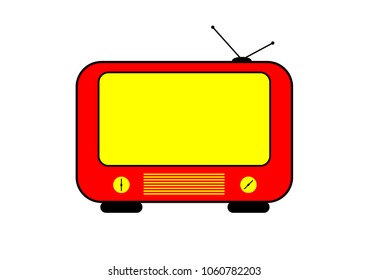 Red retro tv vector drawing with yellow screen. Flat style vector. Television icon, symbol isolated on white background, surface.