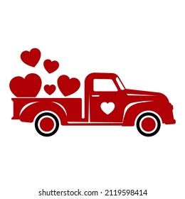 Red retro Valentine's day truck with hearts vector illustration isolated on white background