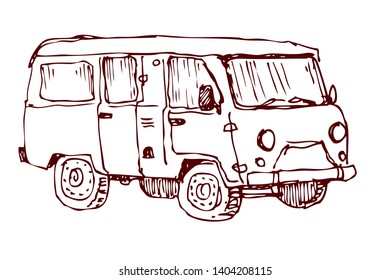 Red retro van car. Hand drawn vector illustration.