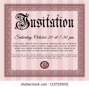 Red Retro vintage invitation. With complex linear background. Detailed. Artistry design. 