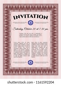 Red Retro vintage invitation. With complex linear background. Superior design. Vector illustration. 