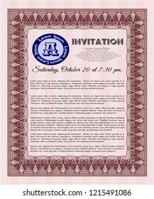Red Retro vintage invitation. With complex linear background. Vector illustration. Cordial design. 