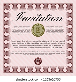 Red Retro vintage invitation. With complex linear background. Detailed. Artistry design. 