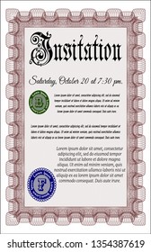 Red Retro vintage invitation. With complex linear background. Detailed. Nice design. 