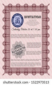Red Retro vintage invitation. Complex background. Vector illustration. Cordial design. 