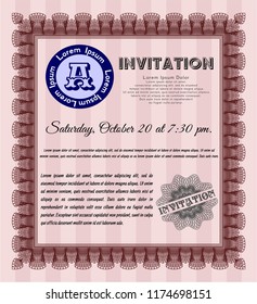 Red Retro vintage invitation. Customizable, Easy to edit and change colors. With complex linear background. Money Pattern. 